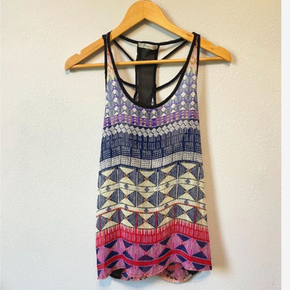 Freebird Tank Top Womens Geometric Mesh Racerback Boho Festival Print Medium